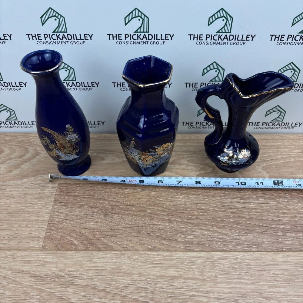 Vintage Cobalt Blue Gold Peacock Porcelain Bud Vase Set 3 Chinoiserie Floral